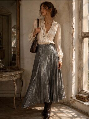 Vintage Byer Too! California Womens Long Skirt Grey/Silver Shiny Satin Size 9 AC